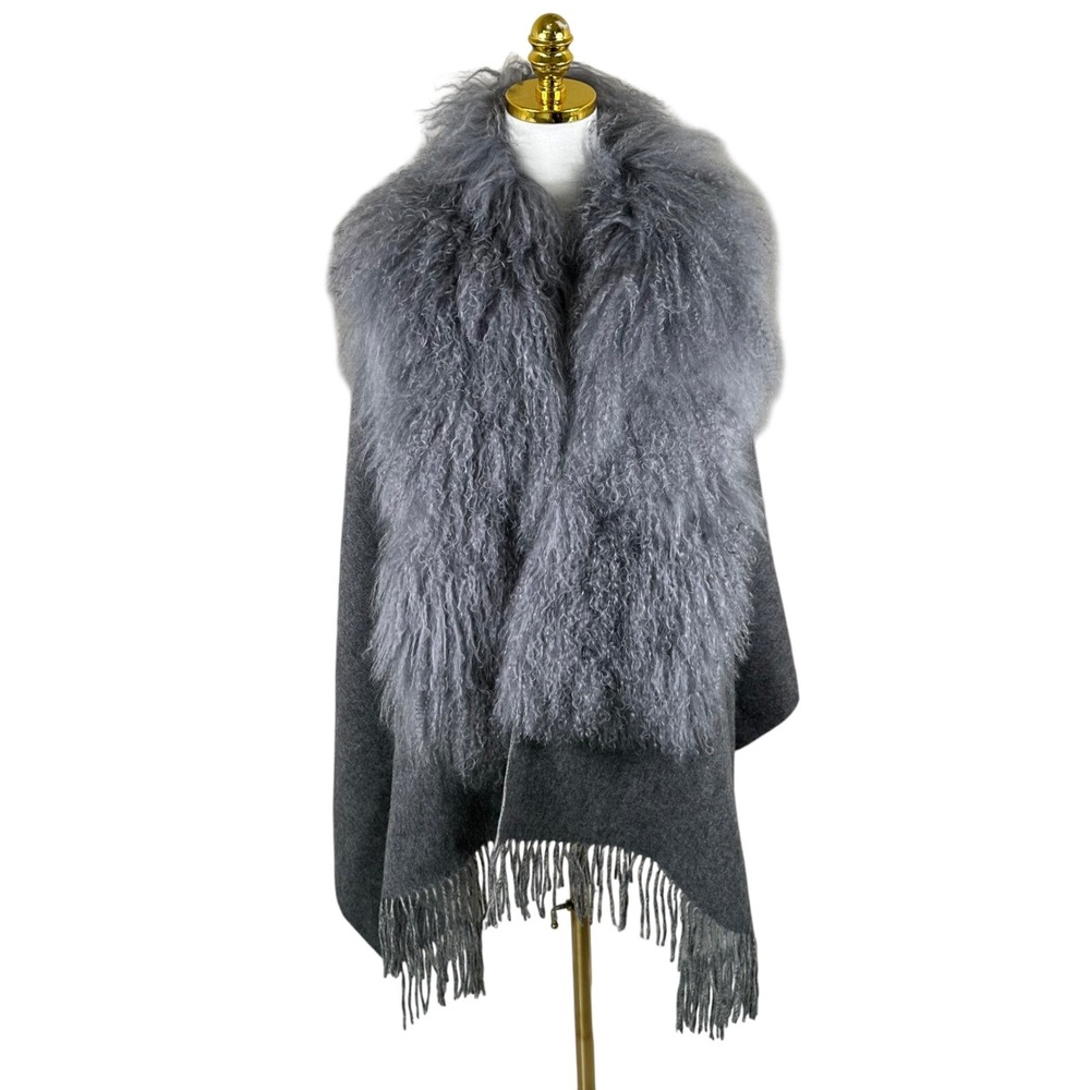 Pologeorgis NWOT Gray Wool Wrap Mongolian Lamb Fur Trim Fringe Cape Poncho Shawl